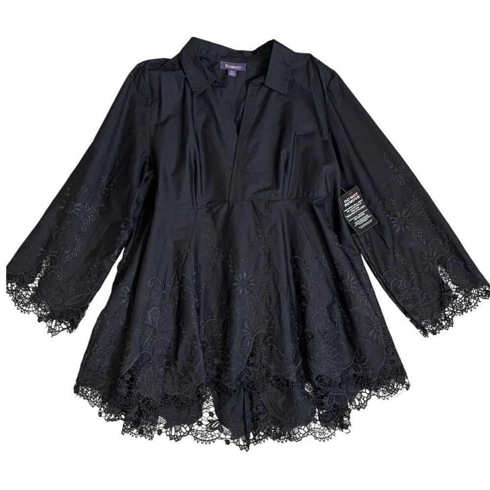Roaman’s Black Embroidered Poplin Swing Tunic 20w Nwt